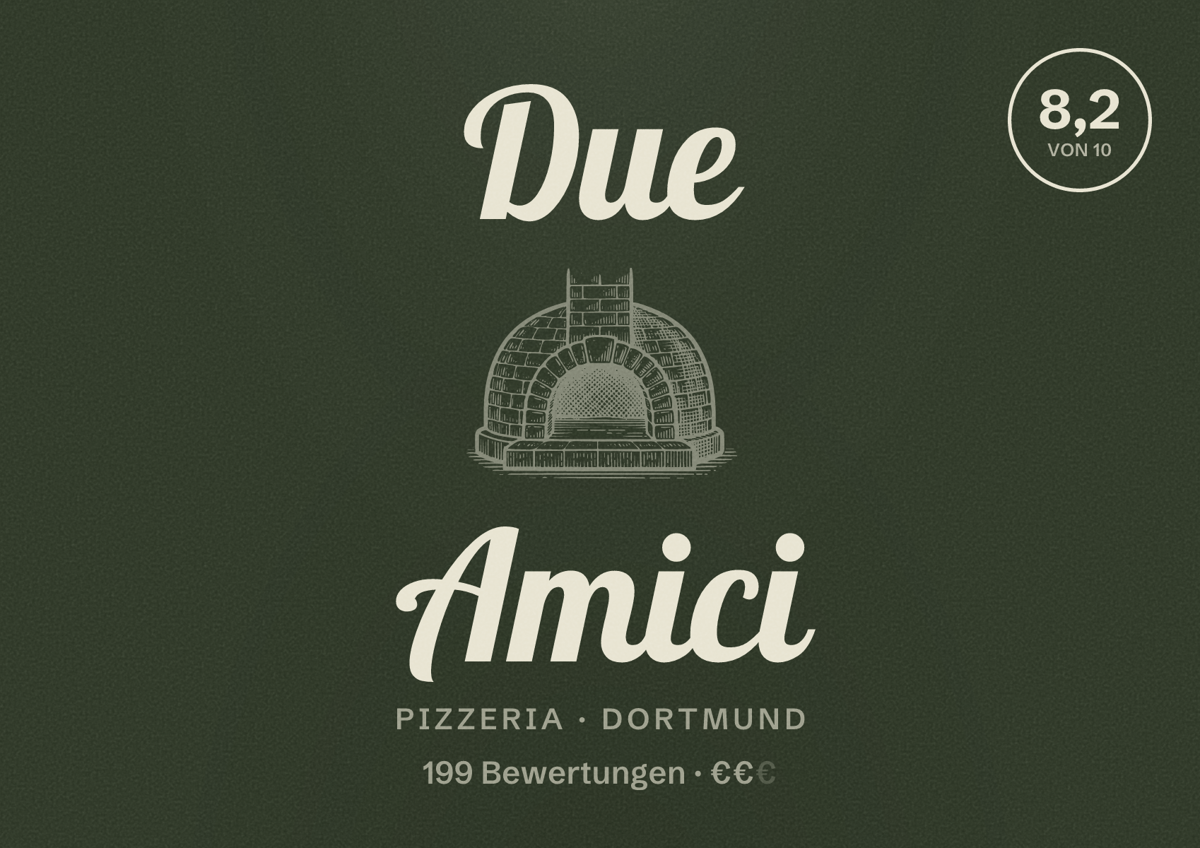Illustriertes Poster von Due Amici, Pizzeria in Dortmund: Gästebewertung 8,2 von 10 aus 199 Bewertungen
