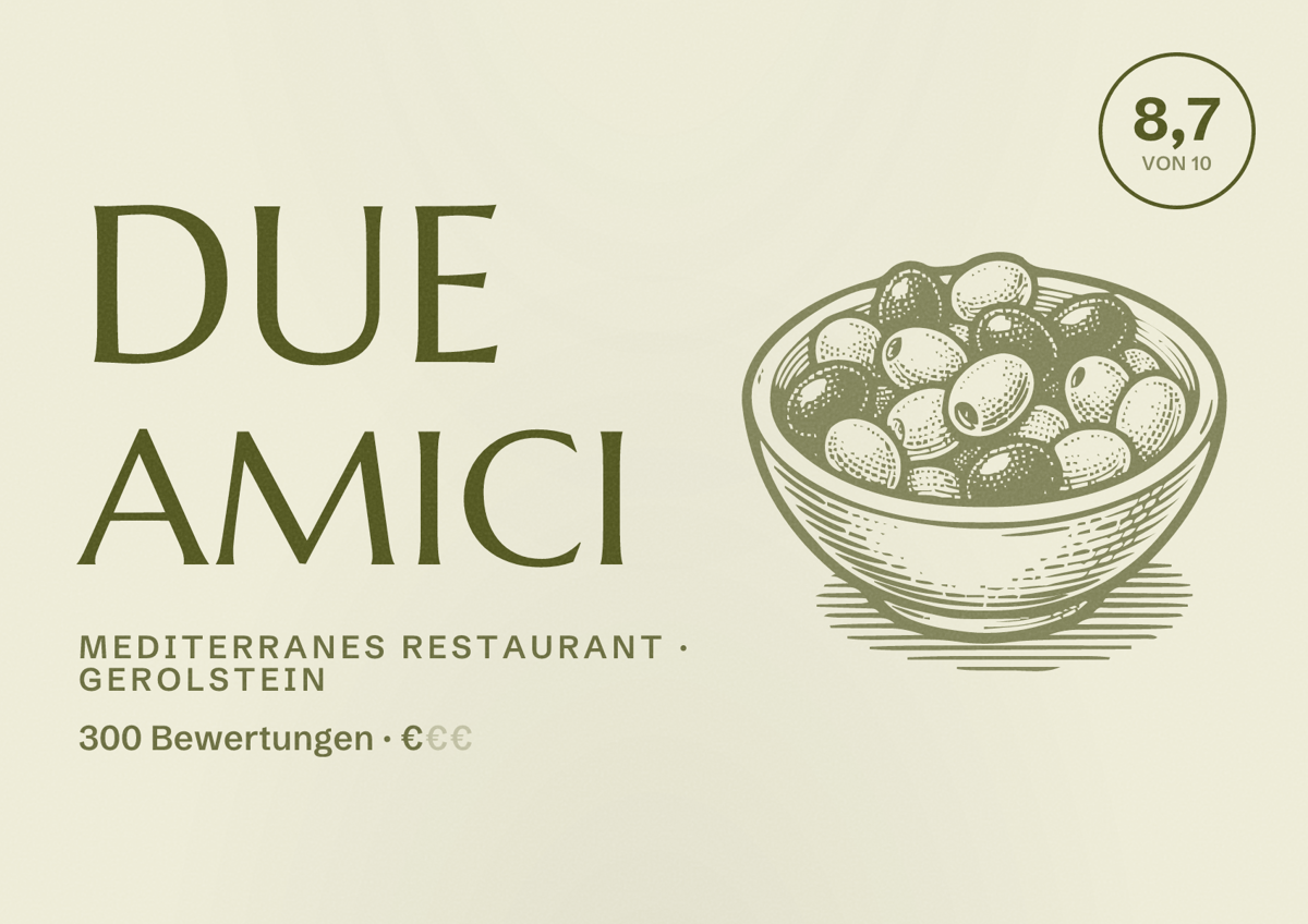 Illustriertes Poster von Due Amici, Mediterranes Restaurant in Gerolstein: Bewertung 8,7 von 10 aus 300 Bewertungen, Preisniveau €