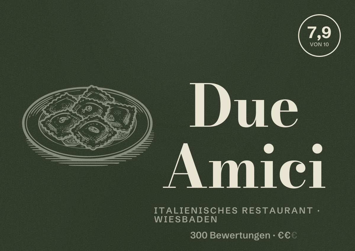 Illustriertes Poster von Due Amici, Italienisches Restaurant in Wiesbaden: Bewertung 7,9 von 10 aus 300 Bewertungen, Preisniveau €€