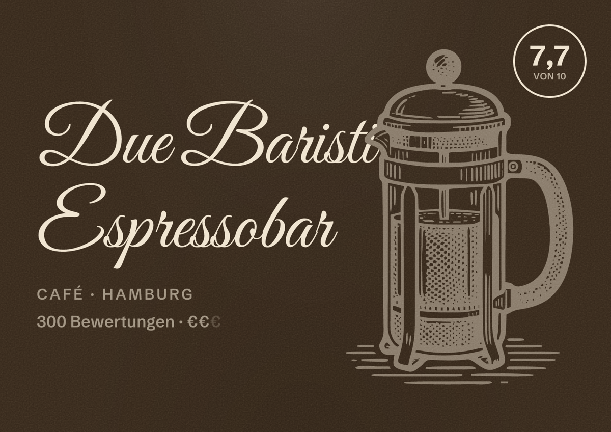Illustriertes Poster von Due Baristi Espressobar, Café in Hamburg: Bewertung 7,7 von 10 aus 300 Bewertungen, Preisniveau €€