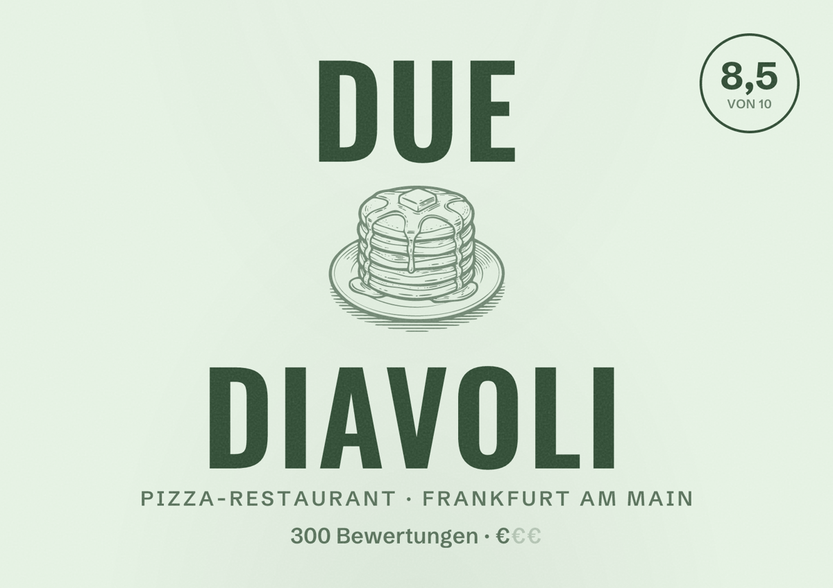 Illustriertes Poster von Due Diavoli, Pizza-Restaurant in Frankfurt am Main: Bewertung 8,5 von 10 aus 300 Bewertungen, Preisniveau €