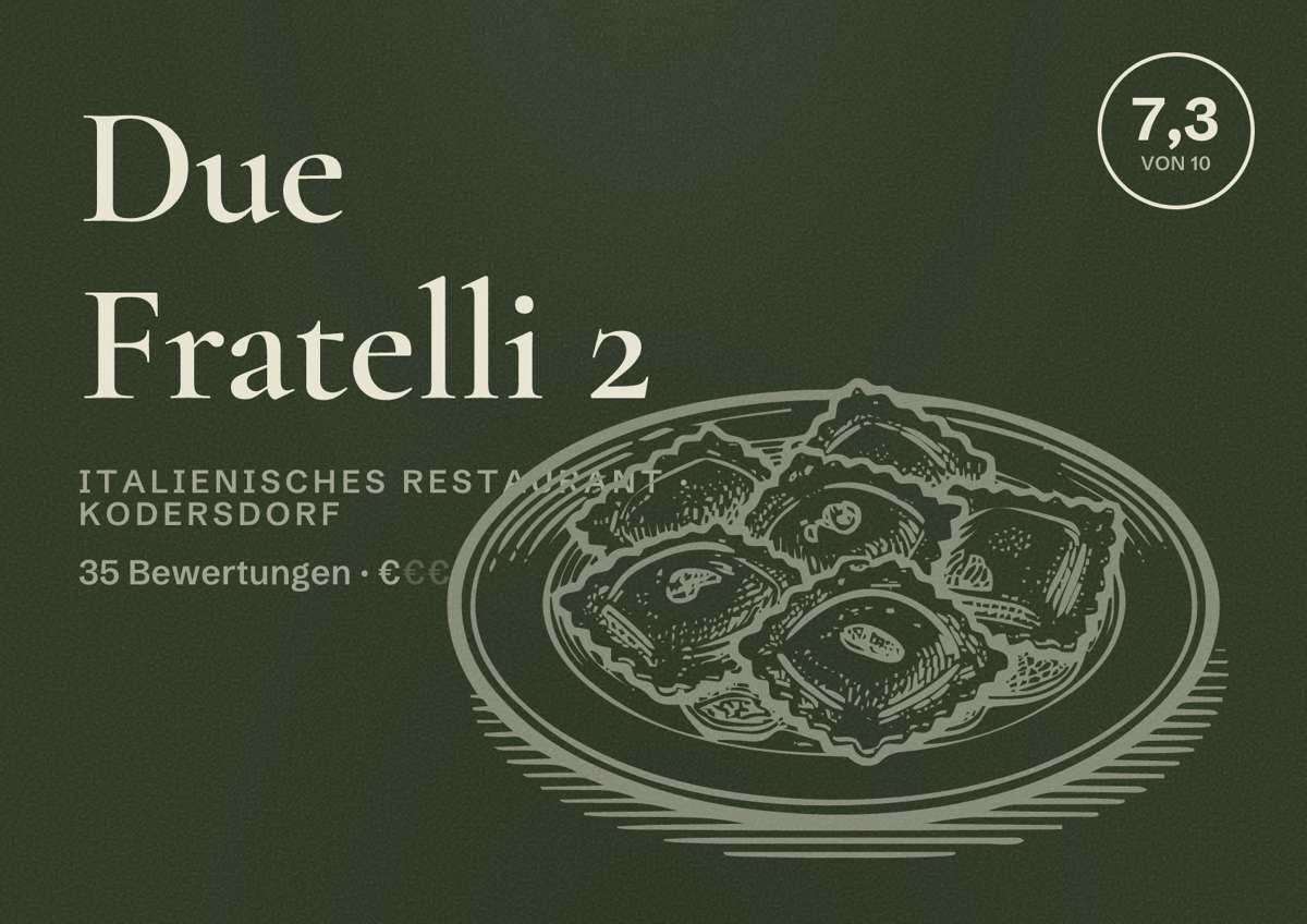 Illustriertes Poster von Due Fratelli 2, Italienisches Restaurant in Kodersdorf: Bewertung 7,3 von 10 aus 35 Bewertungen, Preisniveau €
