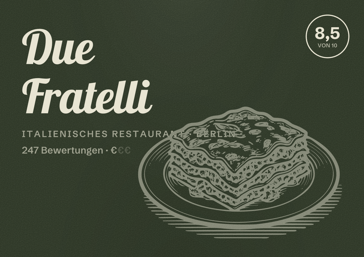Illustriertes Poster von Due Fratelli, Italienisches Restaurant in Berlin: Bewertung 8,5 von 10 aus 247 Bewertungen, Preisniveau €