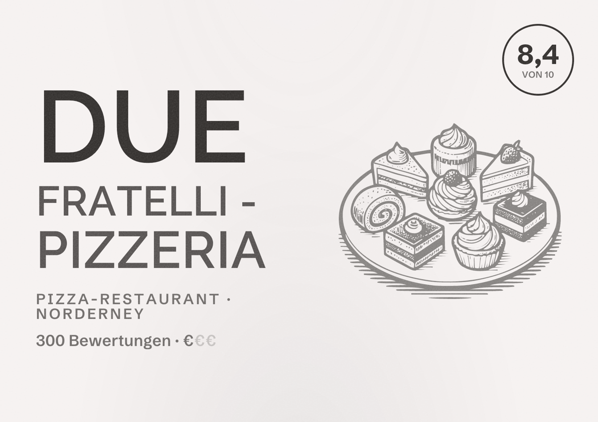 Illustriertes Poster von Due Fratelli - Pizzeria, Pizza-Restaurant in Norderney: Bewertung 8,4 von 10 aus 300 Bewertungen, Preisniveau €