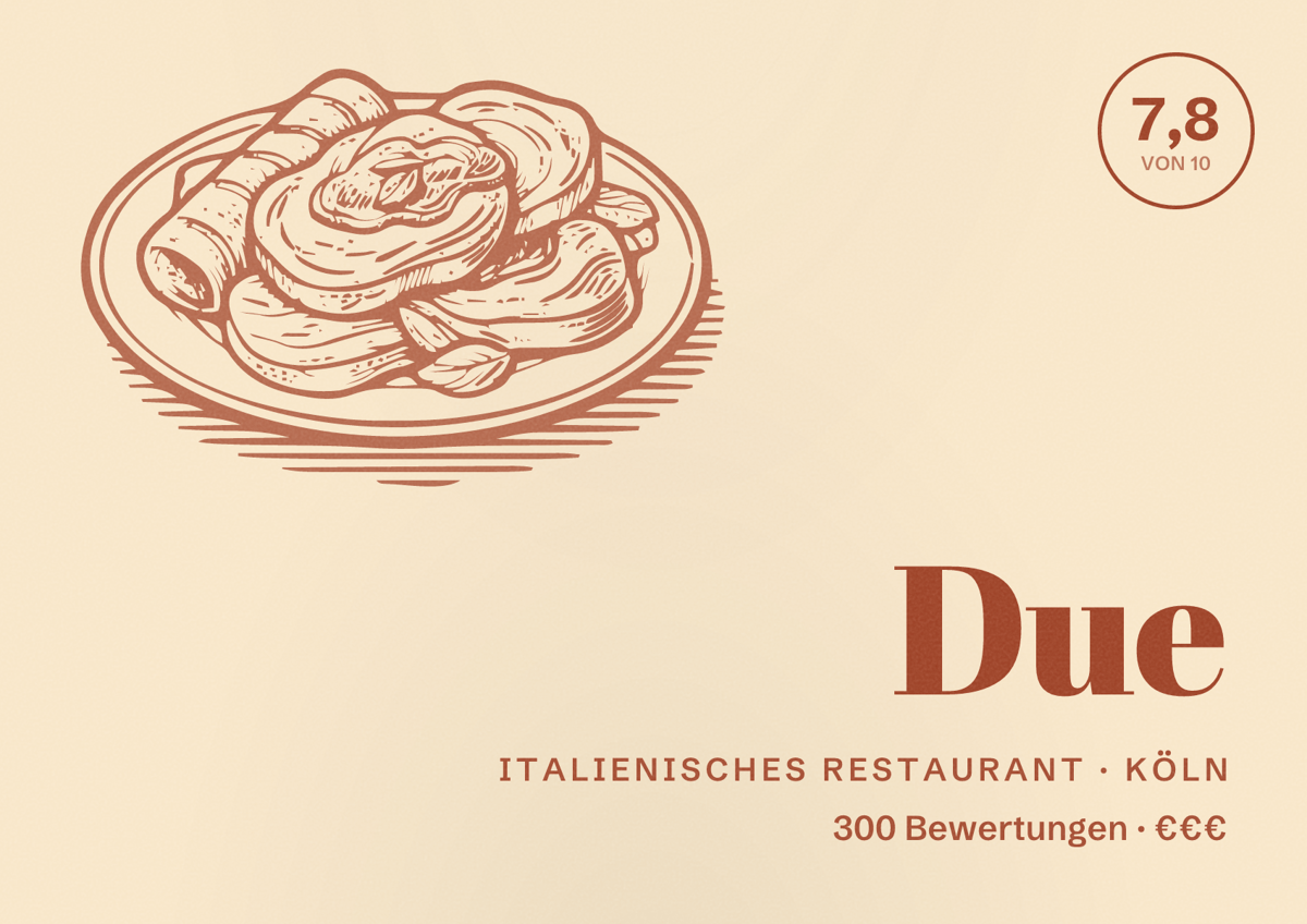Illustriertes Poster von Due, Italienisches Restaurant in Köln: Bewertung 7,8 von 10 aus 300 Bewertungen, Preisniveau €€€