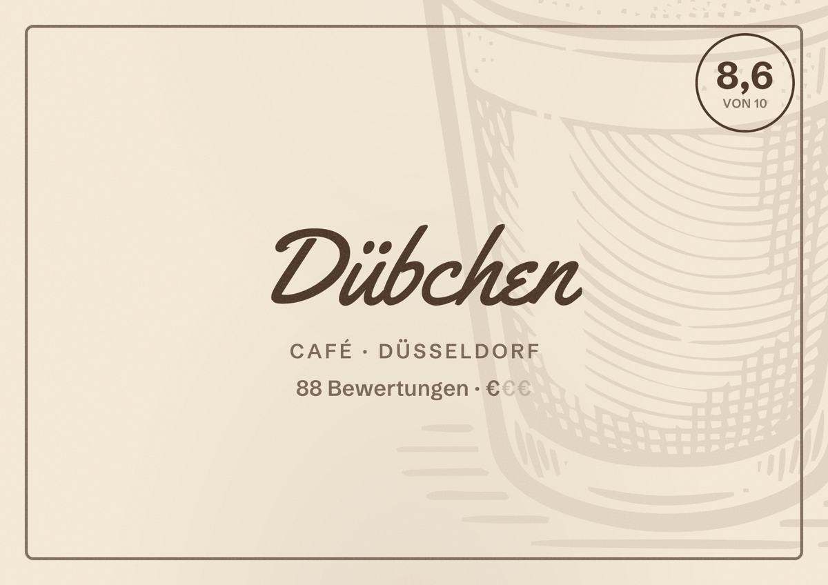 Illustriertes Poster von Dübchen, Café in Düsseldorf: Bewertung 8,6 von 10 aus 88 Bewertungen, Preisniveau €