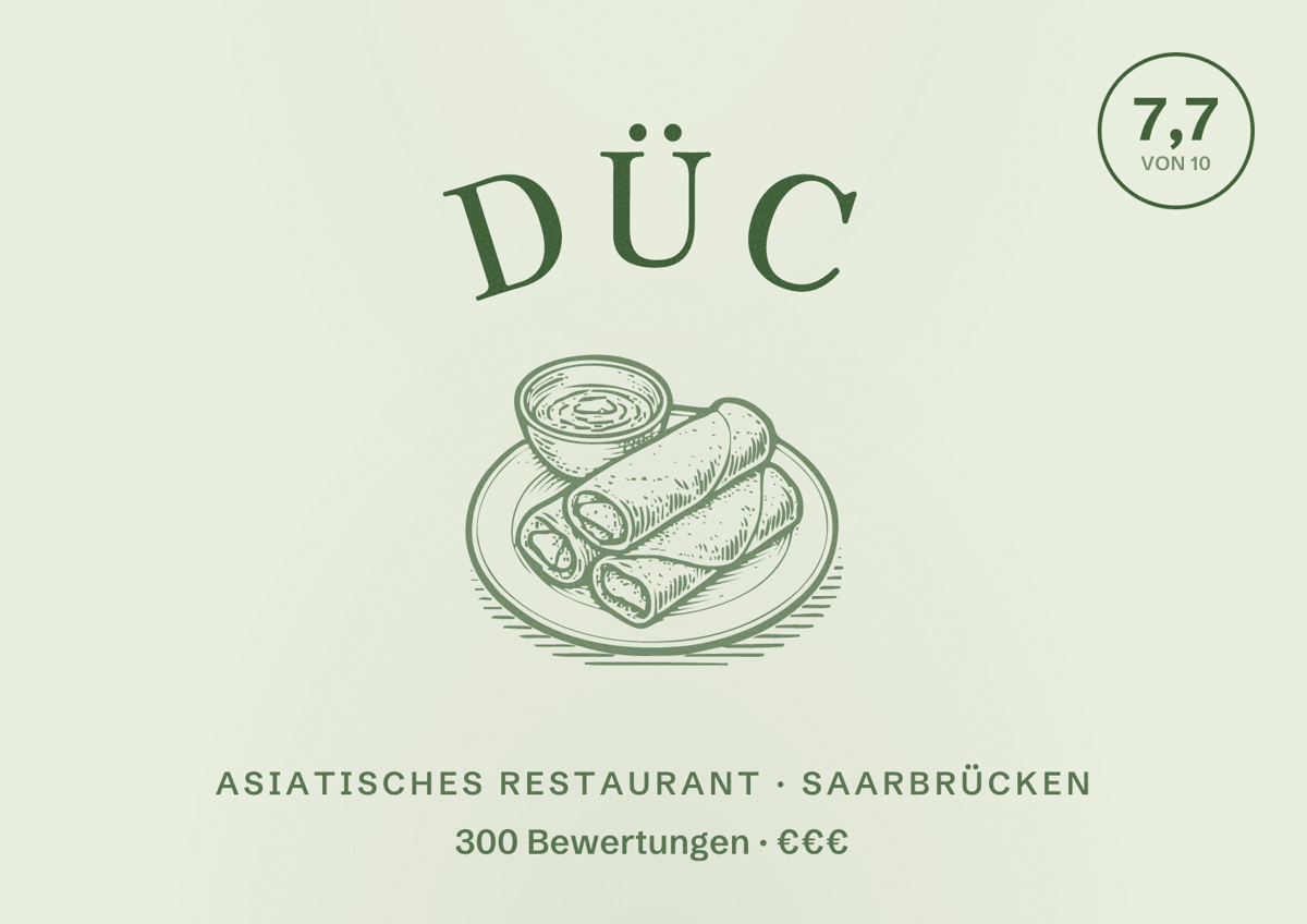 Illustriertes Poster von DÜC, Asiatisches Restaurant in Saarbrücken: Bewertung 7,7 von 10 aus 300 Bewertungen, Preisniveau €€€