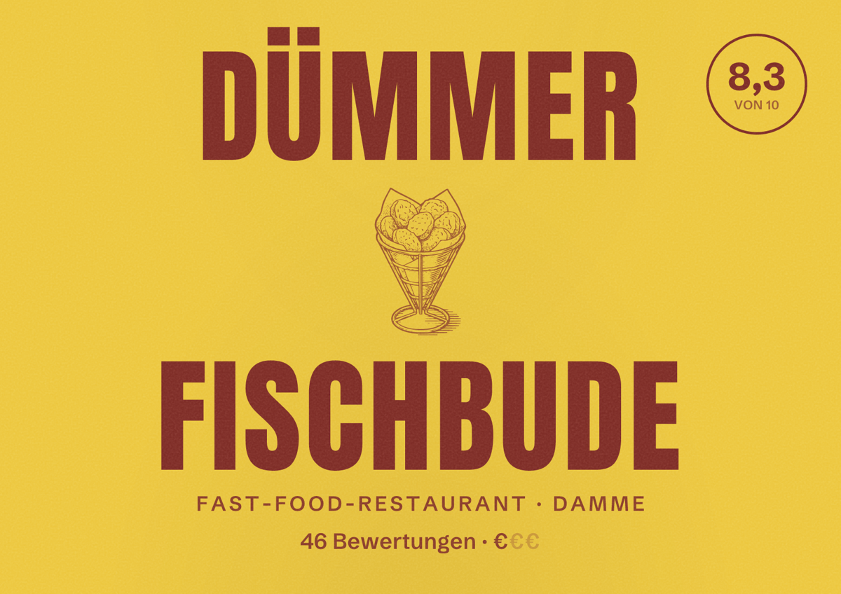 Illustriertes Poster von Dümmer Fischbude, Fast-Food-Restaurant in Damme: Bewertung 8,3 von 10 aus 46 Bewertungen, Preisniveau €