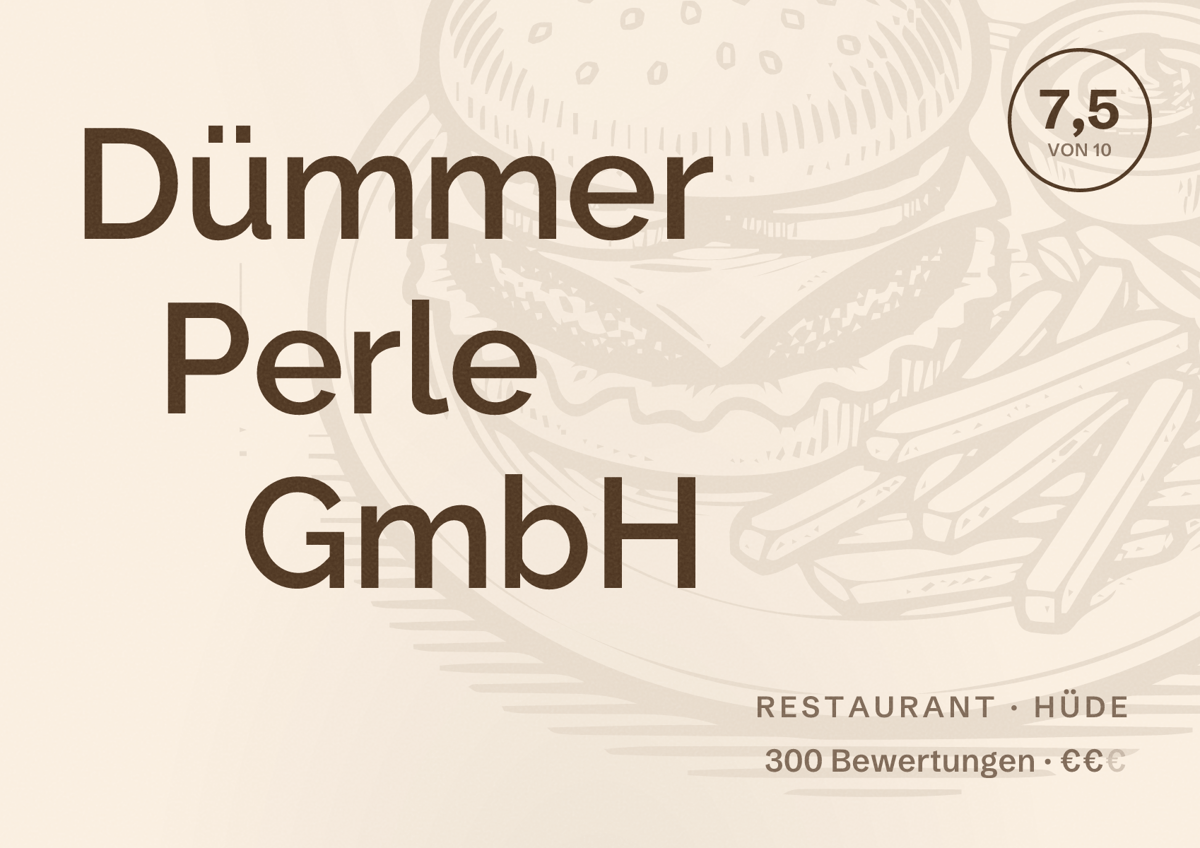 Illustriertes Poster von Dümmer Perle GmbH, Restaurant in Hüde: Bewertung 7,5 von 10 aus 300 Bewertungen, Preisniveau €€