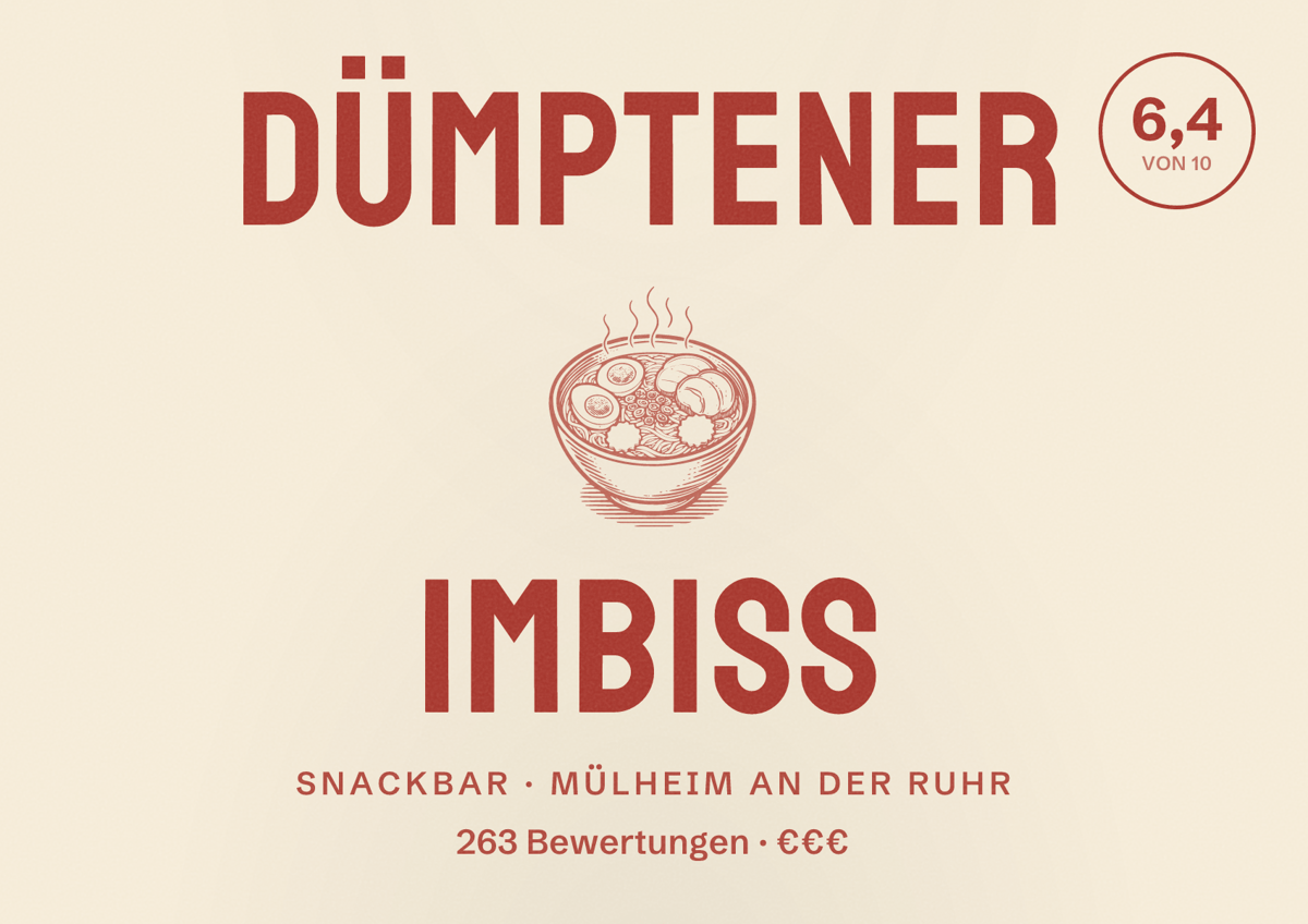 Illustriertes Poster von Dümptener Imbiss, Snackbar in Mülheim an der Ruhr: Bewertung 6,4 von 10 aus 263 Bewertungen, Preisniveau €€€