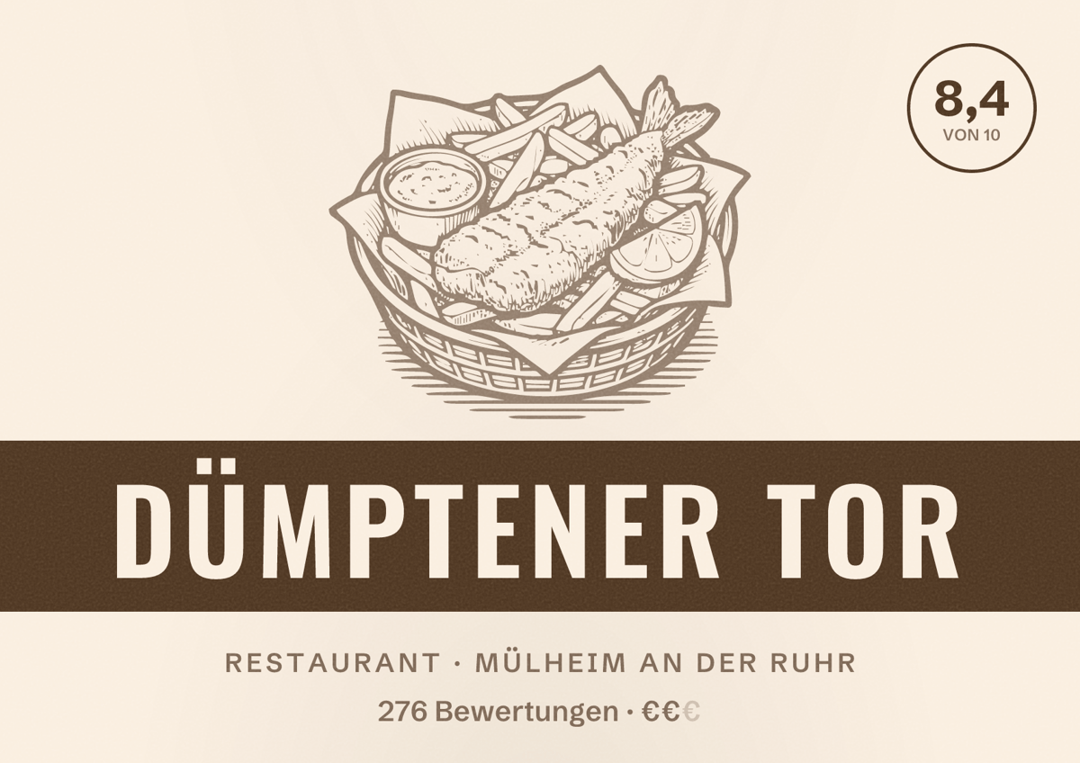 Illustriertes Poster von Dümptener Tor, Restaurant in Mülheim an der Ruhr: Bewertung 8,4 von 10 aus 276 Bewertungen, Preisniveau €€