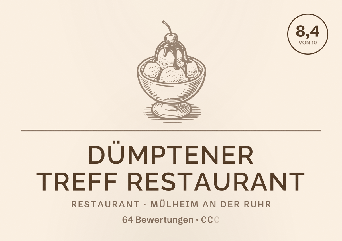 Illustriertes Poster von Dümptener Treff Restaurant, Restaurant in Mülheim an der Ruhr: Bewertung 8,4 von 10 aus 64 Bewertungen, Preisniveau €€