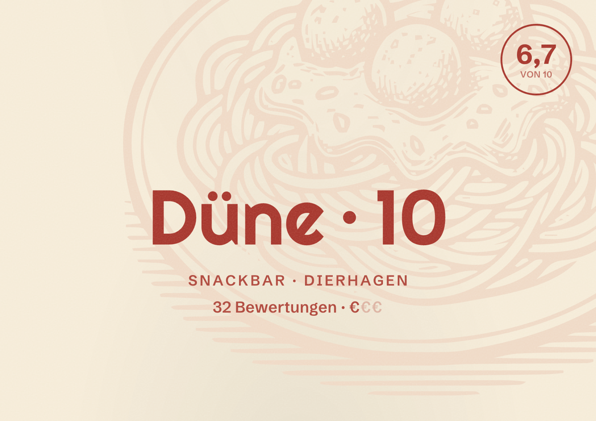 Illustriertes Poster von Düne 10, Snackbar in Dierhagen: Bewertung 6,7 von 10 aus 32 Bewertungen, Preisniveau €