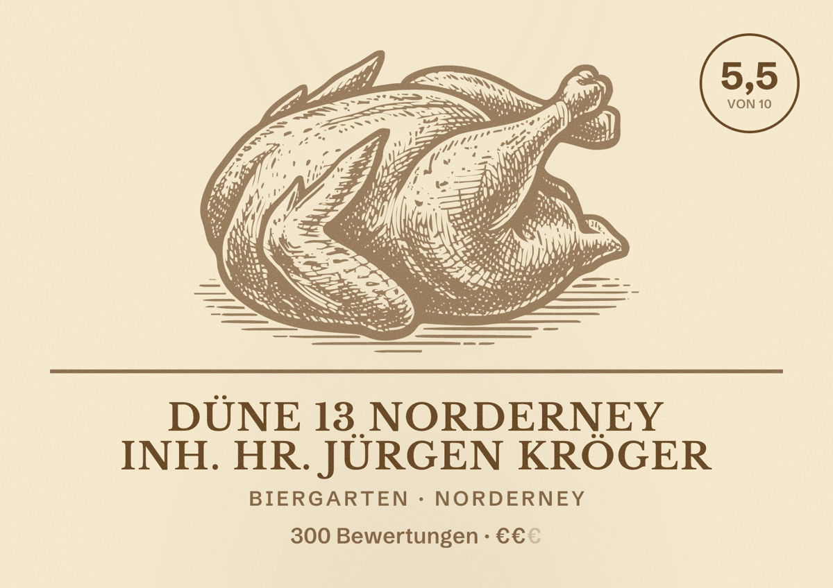 Illustriertes Poster von Düne 13 Norderney Inh. Hr. Jürgen Kröger, Biergarten in Norderney: Bewertung 5,5 von 10 aus 300 Bewertungen, Preisniveau €€