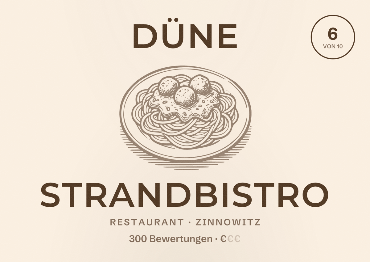 Illustriertes Poster von Düne Strandbistro, Restaurant in Zinnowitz: Bewertung 6 von 10 aus 300 Bewertungen, Preisniveau €