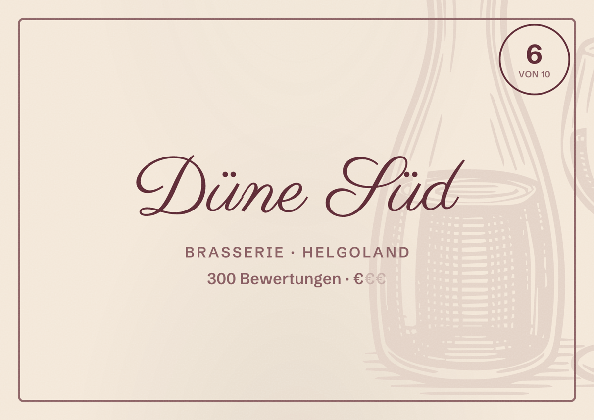 Illustriertes Poster von Düne Süd, Brasserie in Helgoland: Bewertung 6 von 10 aus 300 Bewertungen, Preisniveau €