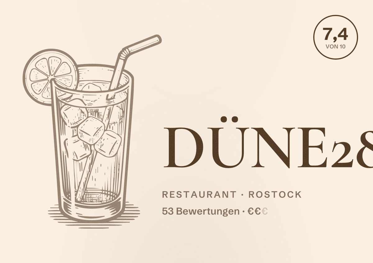 Illustriertes Poster von DÜNE28, Restaurant in Rostock: Bewertung 7,4 von 10 aus 53 Bewertungen, Preisniveau €€