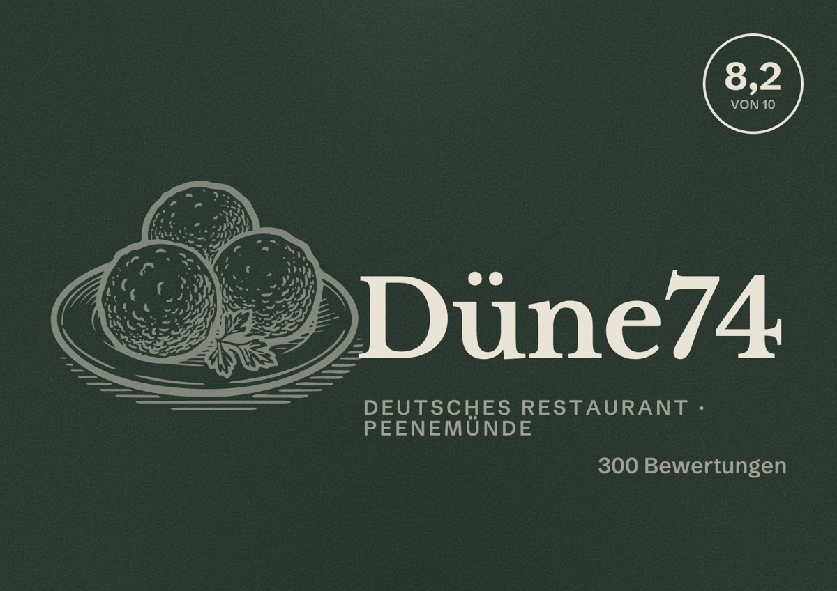 Illustriertes Poster von Düne74, Deutsches Restaurant in Peenemünde: Bewertung 8,2 von 10 aus 300 Bewertungen