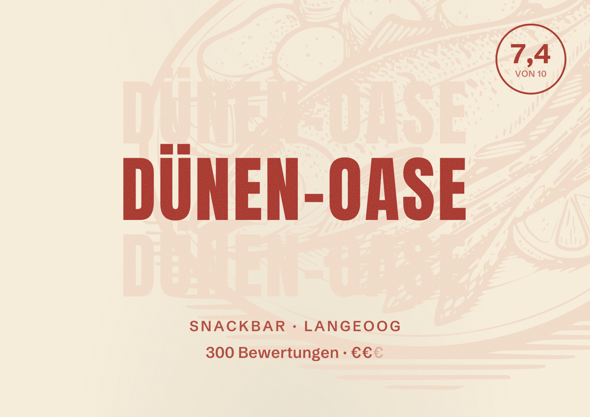Illustriertes Poster von Dünen-Oase, Snackbar in Langeoog: Bewertung 7,4 von 10 aus 300 Bewertungen, Preisniveau €€