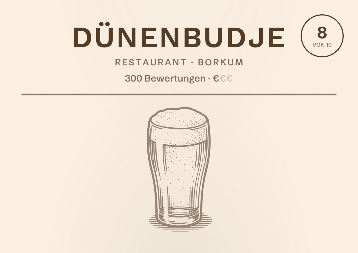 Illustriertes Poster von Dünenbudje, Restaurant in Borkum: Bewertung 8 von 10 aus 300 Bewertungen, Preisniveau €