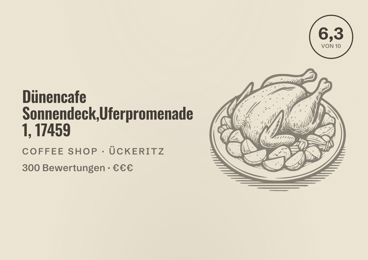 Illustriertes Poster von Dünencafe Sonnendeck,Uferpromenade 1, 17459, Coffee Shop in Ückeritz: Bewertung 6,3 von 10 aus 300 Bewertungen, Preisniveau €€€
