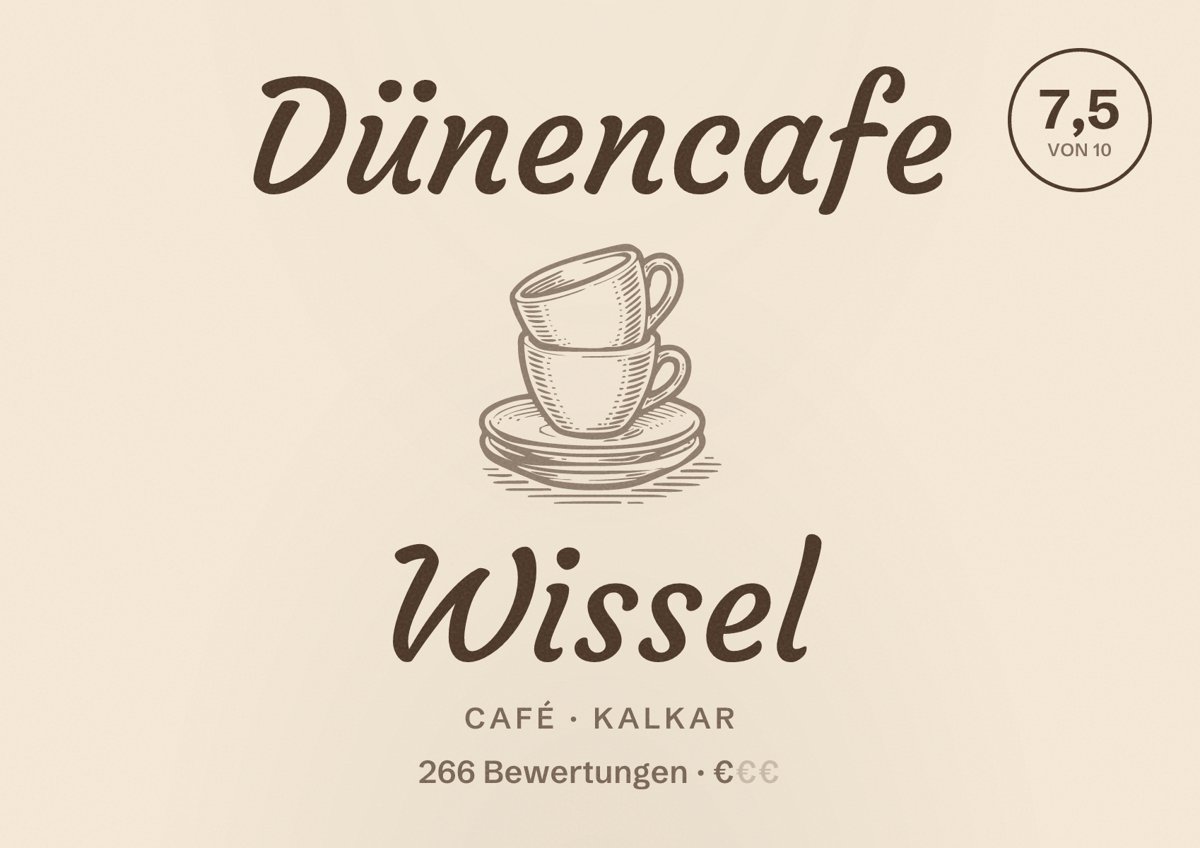 Illustriertes Poster von Dünencafe Wissel, Café in Kalkar: Bewertung 7,5 von 10 aus 266 Bewertungen, Preisniveau €