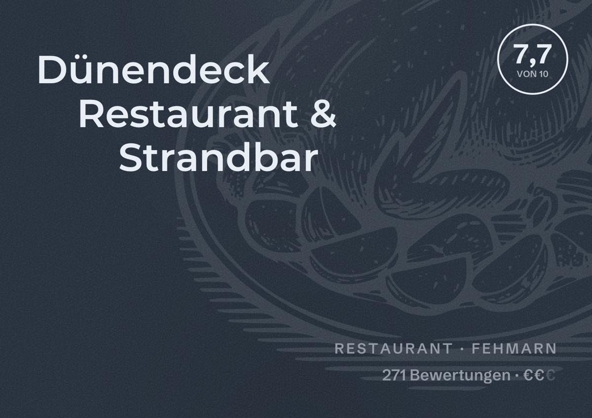 Illustriertes Poster von Dünendeck Restaurant & Strandbar, Restaurant in Fehmarn: Bewertung 7,7 von 10 aus 271 Bewertungen, Preisniveau €€