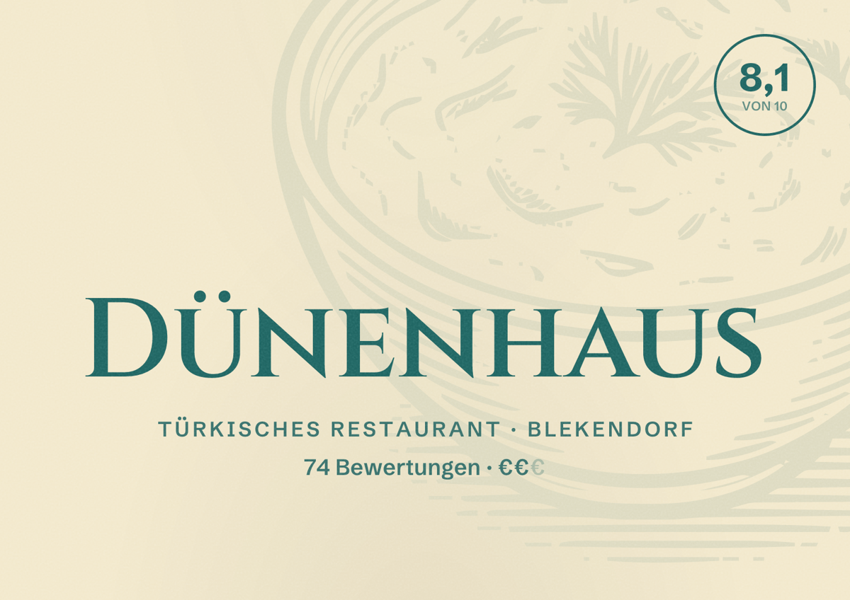 Illustriertes Poster von Dünenhaus, Türkisches Restaurant in Blekendorf: Bewertung 8,1 von 10 aus 74 Bewertungen, Preisniveau €€