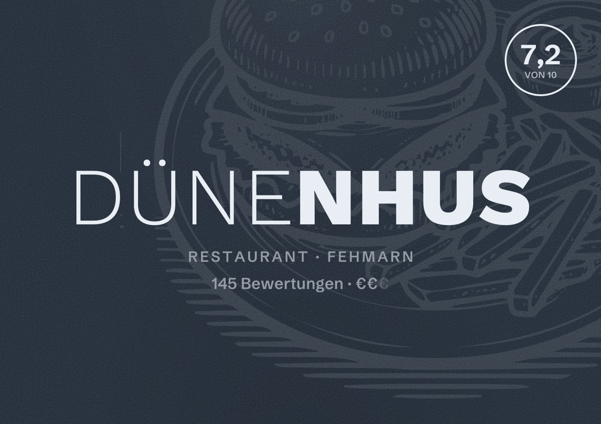 Illustriertes Poster von Dünenhus, Restaurant in Fehmarn: Bewertung 7,2 von 10 aus 145 Bewertungen, Preisniveau €€