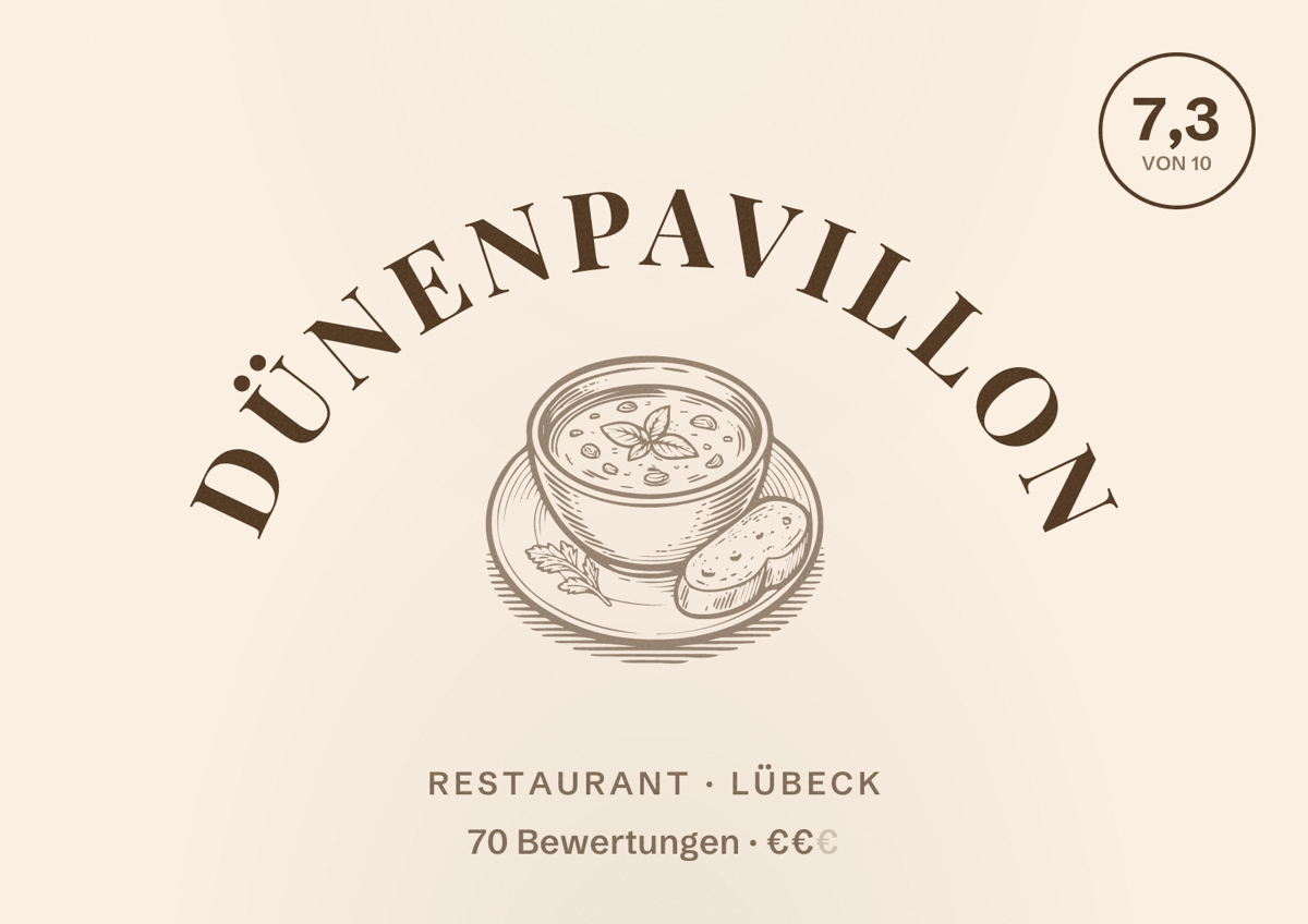 Illustriertes Poster von Dünenpavillon, Restaurant in Lübeck: Bewertung 7,3 von 10 aus 70 Bewertungen, Preisniveau €€