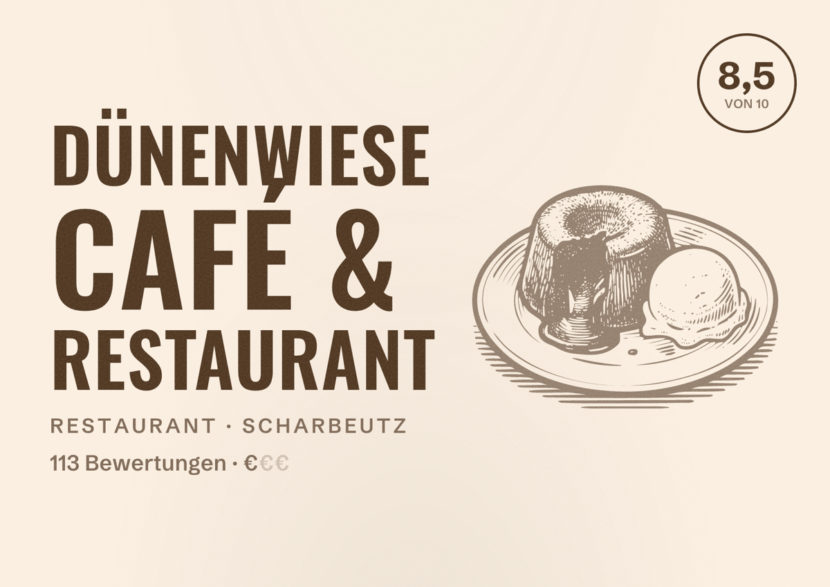 Illustriertes Poster von DünenWiese Café & Restaurant, Restaurant in Scharbeutz: Bewertung 8,5 von 10 aus 113 Bewertungen, Preisniveau €