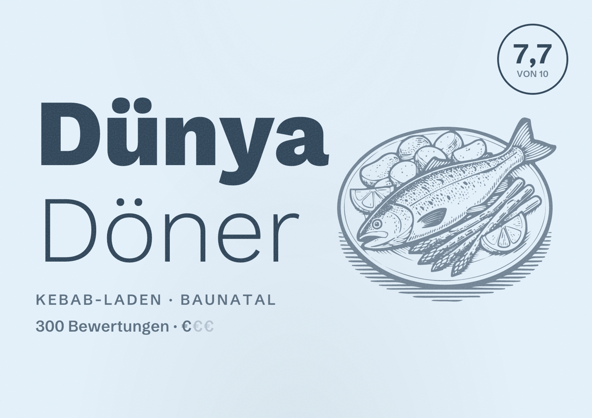 Illustriertes Poster von Dünya Döner, Kebab-Laden in Baunatal: Bewertung 7,7 von 10 aus 300 Bewertungen, Preisniveau €