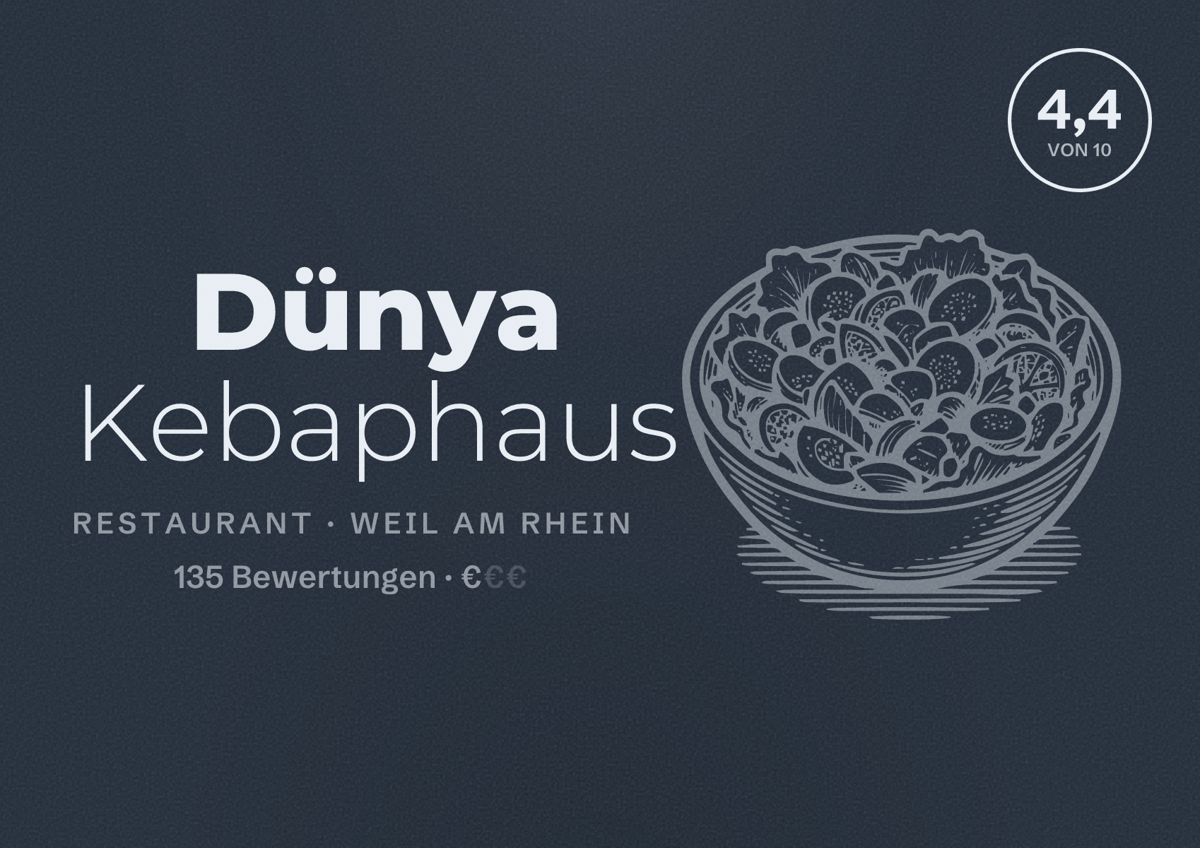 Illustriertes Poster von Dünya Kebaphaus, Restaurant in Weil am Rhein: Bewertung 4,4 von 10 aus 135 Bewertungen, Preisniveau €