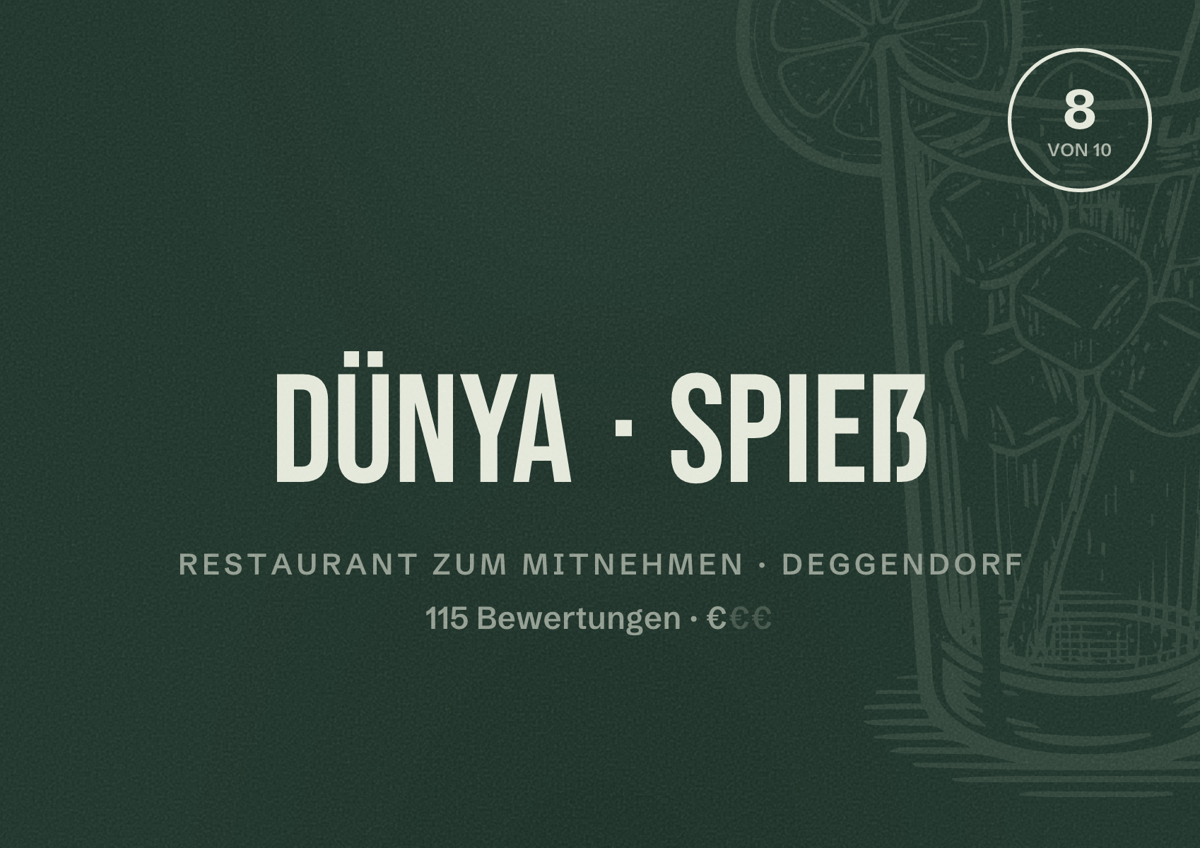 Illustriertes Poster von Dünya Spieß, Restaurant zum Mitnehmen in Deggendorf: Bewertung 8 von 10 aus 115 Bewertungen, Preisniveau €