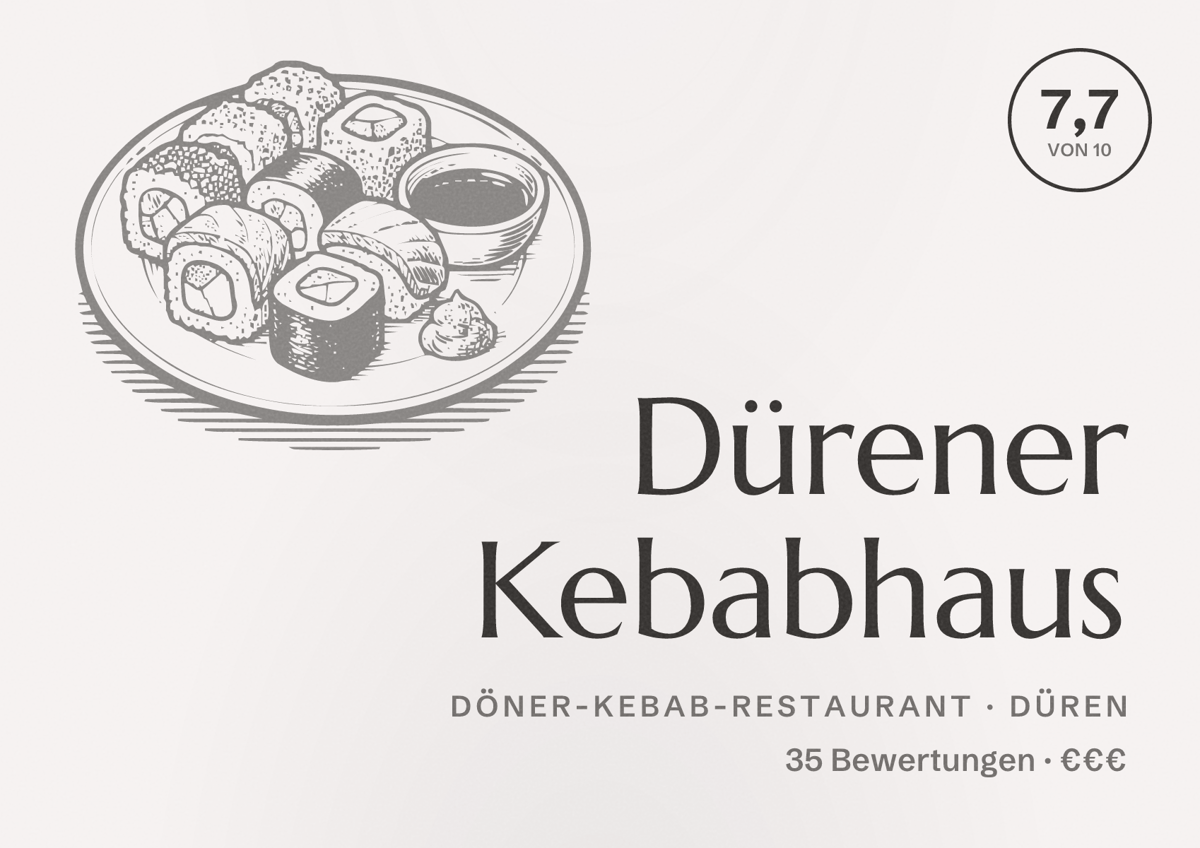 Illustriertes Poster von Dürener Kebabhaus, Döner-Kebab-Restaurant in Düren: Bewertung 7,7 von 10 aus 35 Bewertungen, Preisniveau €€€