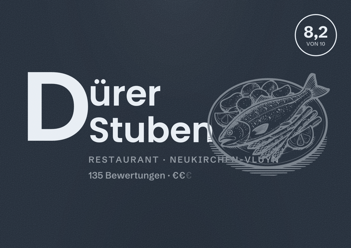 Illustriertes Poster von Dürer Stuben, Restaurant in Neukirchen-Vluyn: Bewertung 8,2 von 10 aus 135 Bewertungen, Preisniveau €€