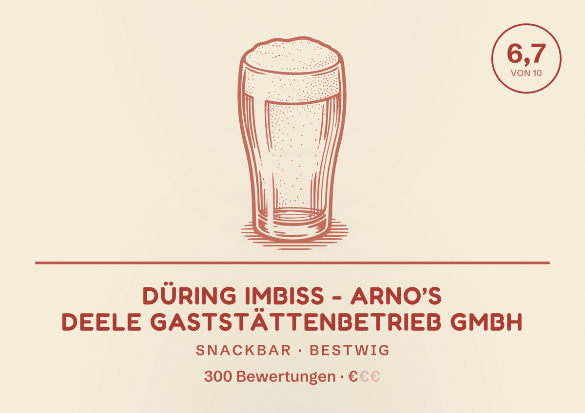 Illustriertes Poster von Düring Imbiss - Arno’s Deele Gaststättenbetrieb GmbH, Snackbar in Bestwig: Bewertung 6,7 von 10 aus 300 Bewertungen, Preisniveau €