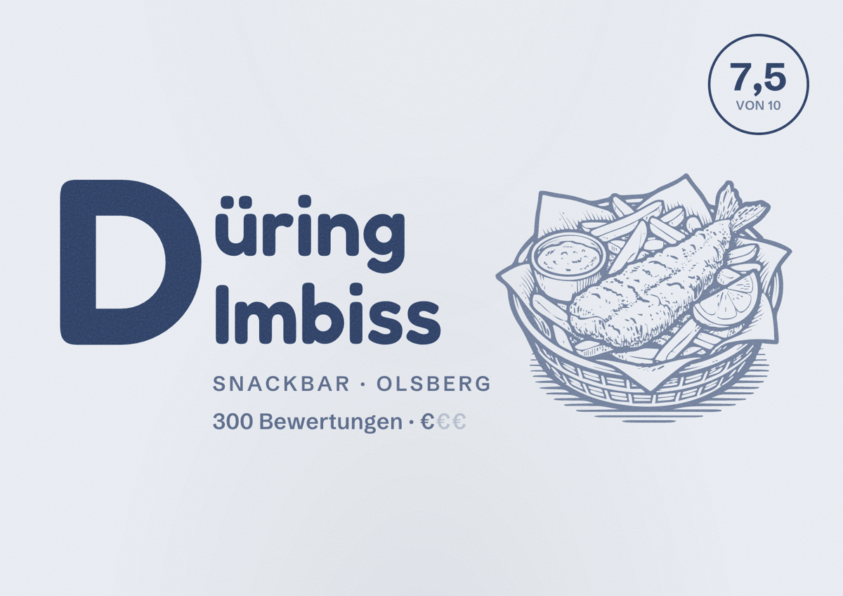 Illustriertes Poster von Düring Imbiss, Snackbar in Olsberg: Bewertung 7,5 von 10 aus 300 Bewertungen, Preisniveau €