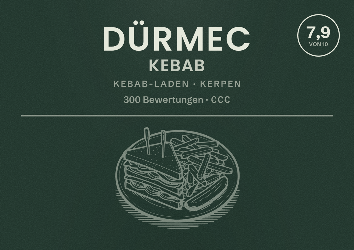 Illustriertes Poster von Dürmec Kebab, Kebab-Laden in Kerpen: Bewertung 7,9 von 10 aus 300 Bewertungen, Preisniveau €€€