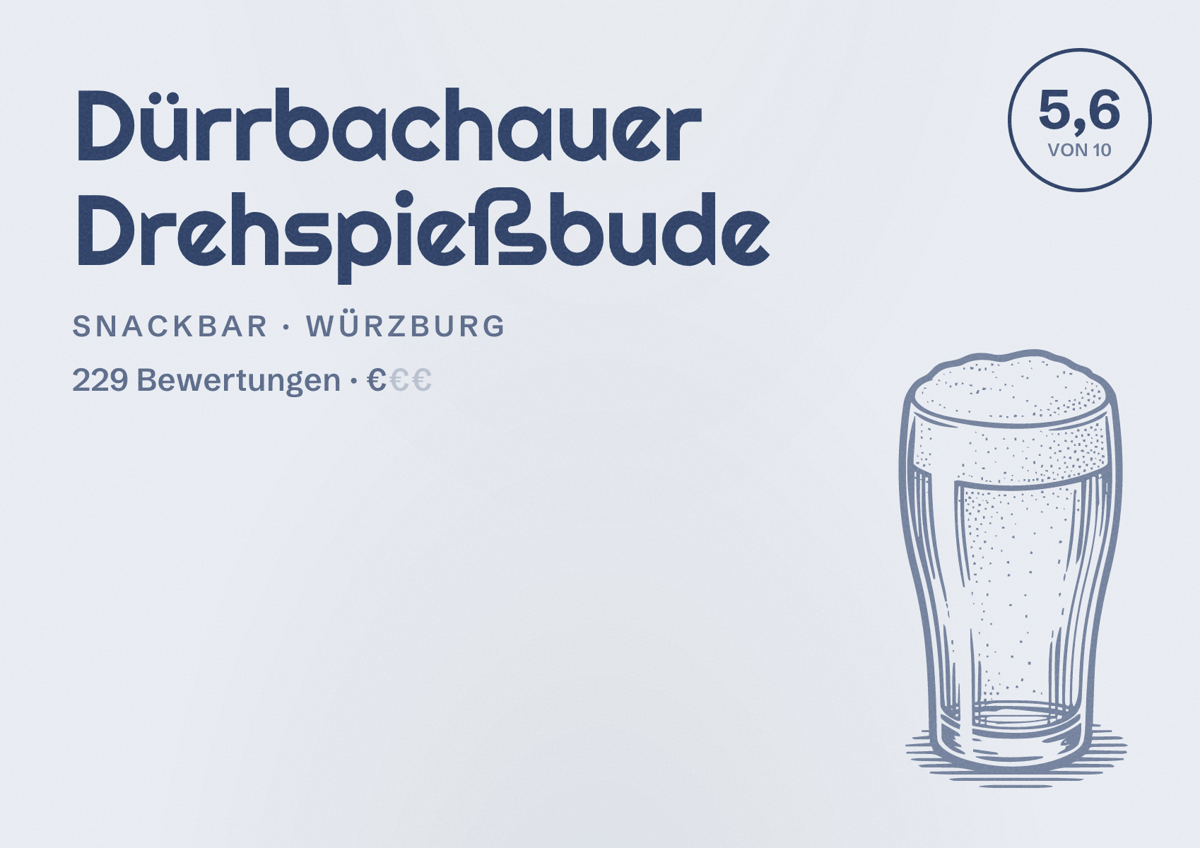 Illustriertes Poster von Dürrbachauer Drehspießbude, Snackbar in Würzburg: Bewertung 5,6 von 10 aus 229 Bewertungen, Preisniveau €