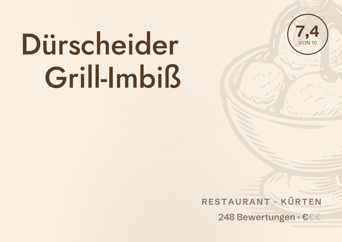 Illustriertes Poster von Dürscheider Grill-Imbiß, Restaurant in Kürten: Bewertung 7,4 von 10 aus 248 Bewertungen, Preisniveau €