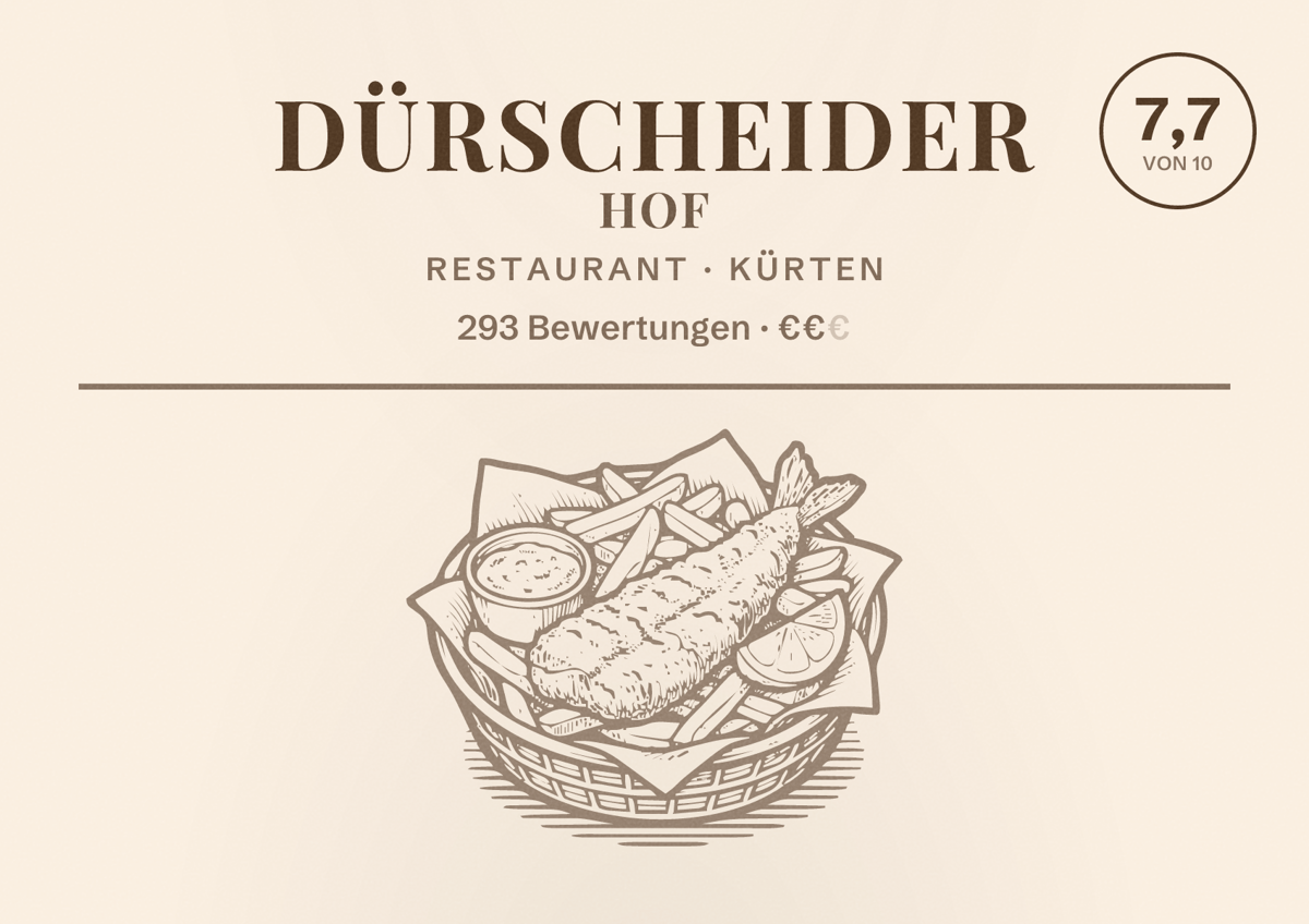 Illustriertes Poster von Dürscheider Hof, Restaurant in Kürten: Bewertung 7,7 von 10 aus 293 Bewertungen, Preisniveau €€