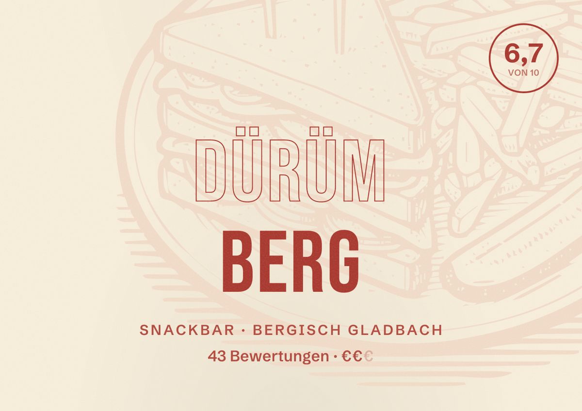Illustriertes Poster von Dürüm Berg, Snackbar in Bergisch Gladbach: Bewertung 6,7 von 10 aus 43 Bewertungen, Preisniveau €€