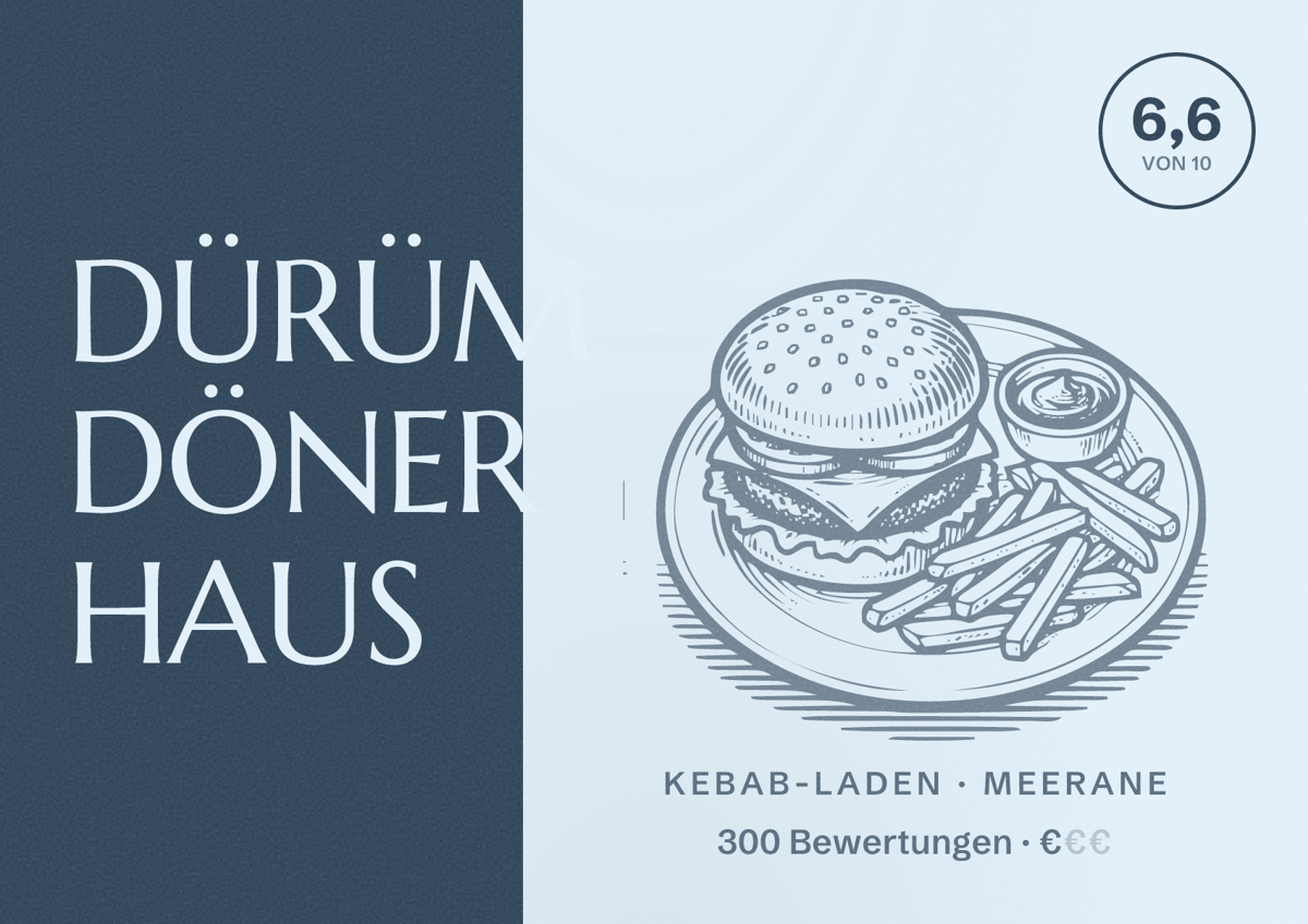 Illustriertes Poster von DÜRÜM DÖNER HAUS, Kebab-Laden in Meerane: Bewertung 6,6 von 10 aus 300 Bewertungen, Preisniveau €
