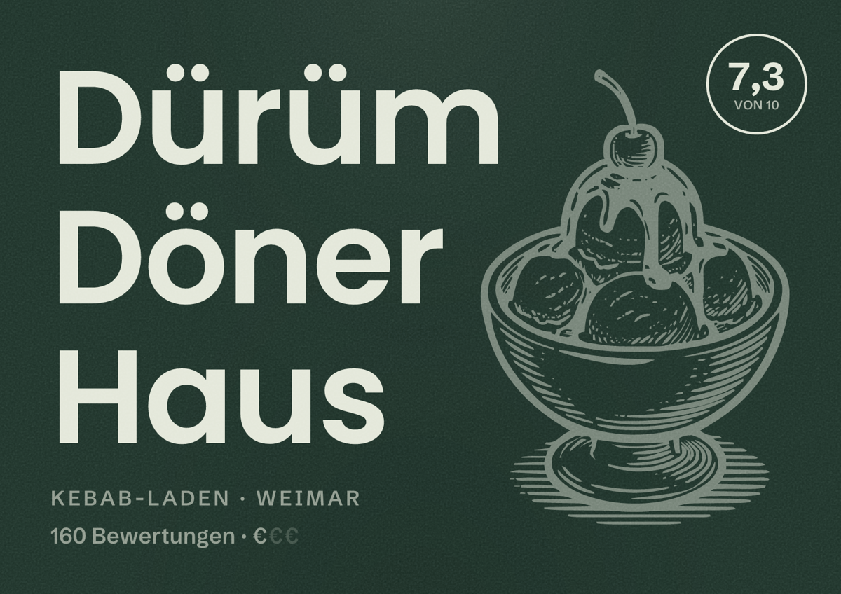 Illustriertes Poster von Dürüm Döner Haus, Kebab-Laden in Weimar: Bewertung 7,3 von 10 aus 160 Bewertungen, Preisniveau €