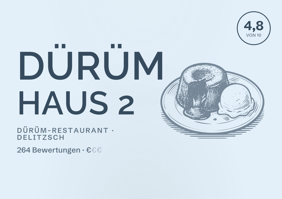 Illustriertes Poster von Dürüm Haus 2, Dürüm-Restaurant in Delitzsch: Bewertung 4,8 von 10 aus 264 Bewertungen, Preisniveau €