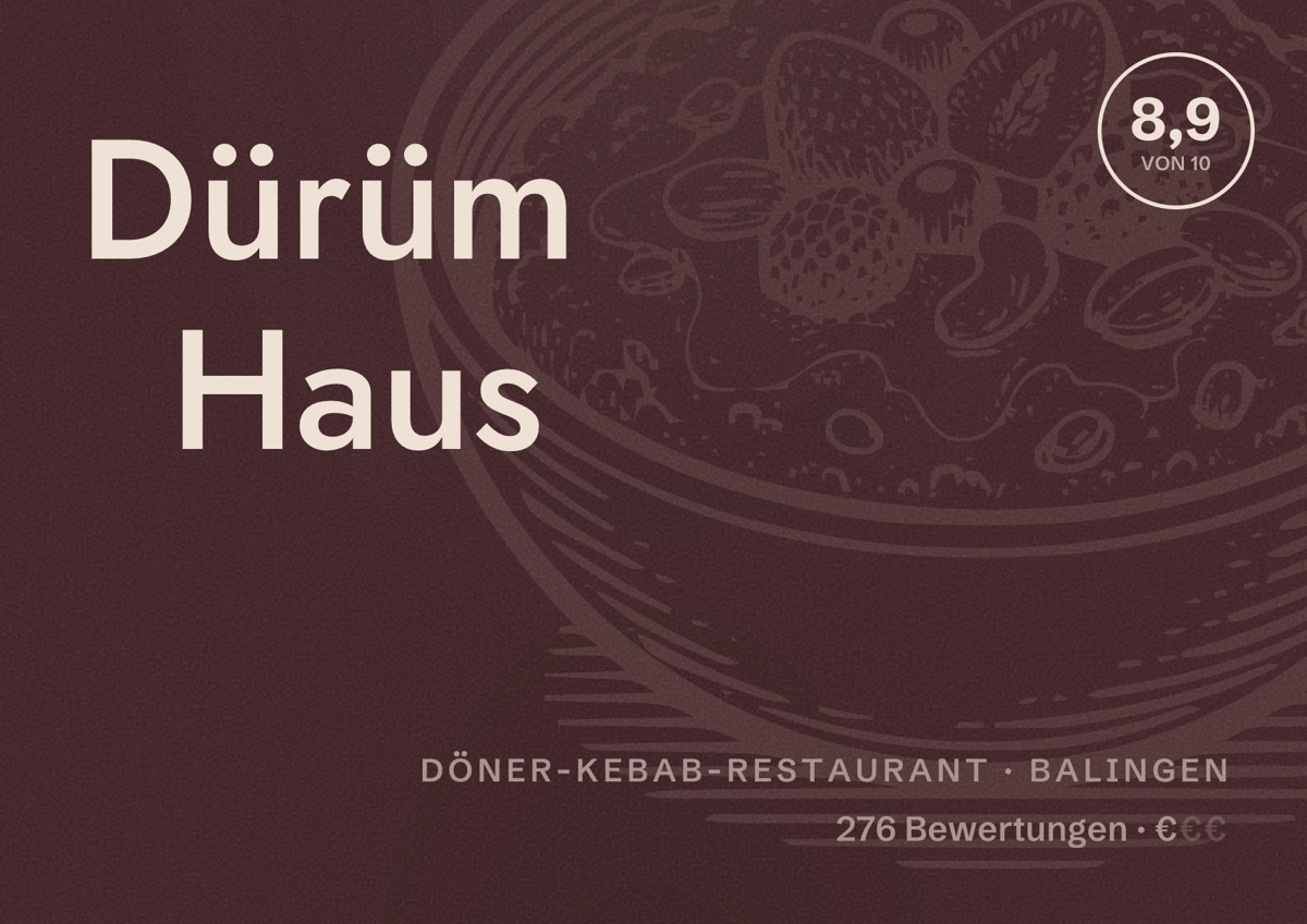 Illustriertes Poster von Dürüm Haus, Döner-Kebab-Restaurant in Balingen: Bewertung 8,9 von 10 aus 276 Bewertungen, Preisniveau €