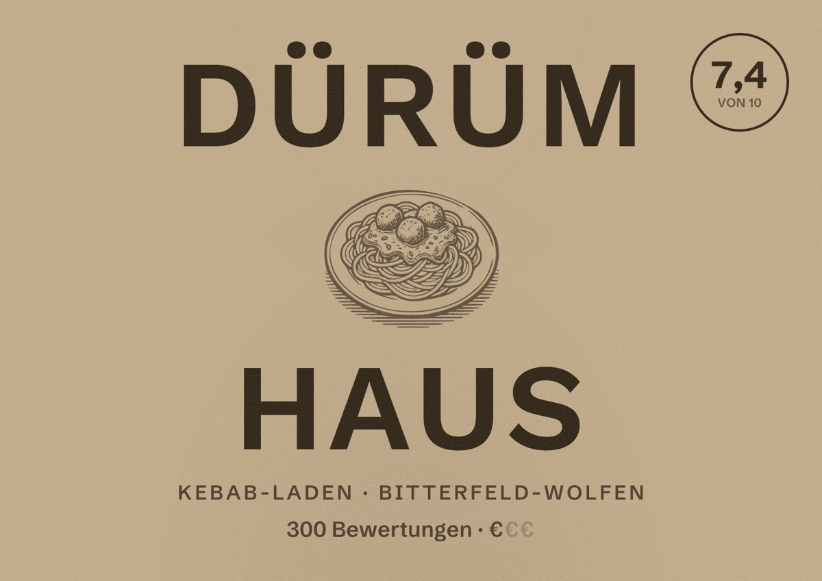 Illustriertes Poster von Dürüm Haus, Kebab-Laden in Bitterfeld-Wolfen: Bewertung 7,4 von 10 aus 300 Bewertungen, Preisniveau €