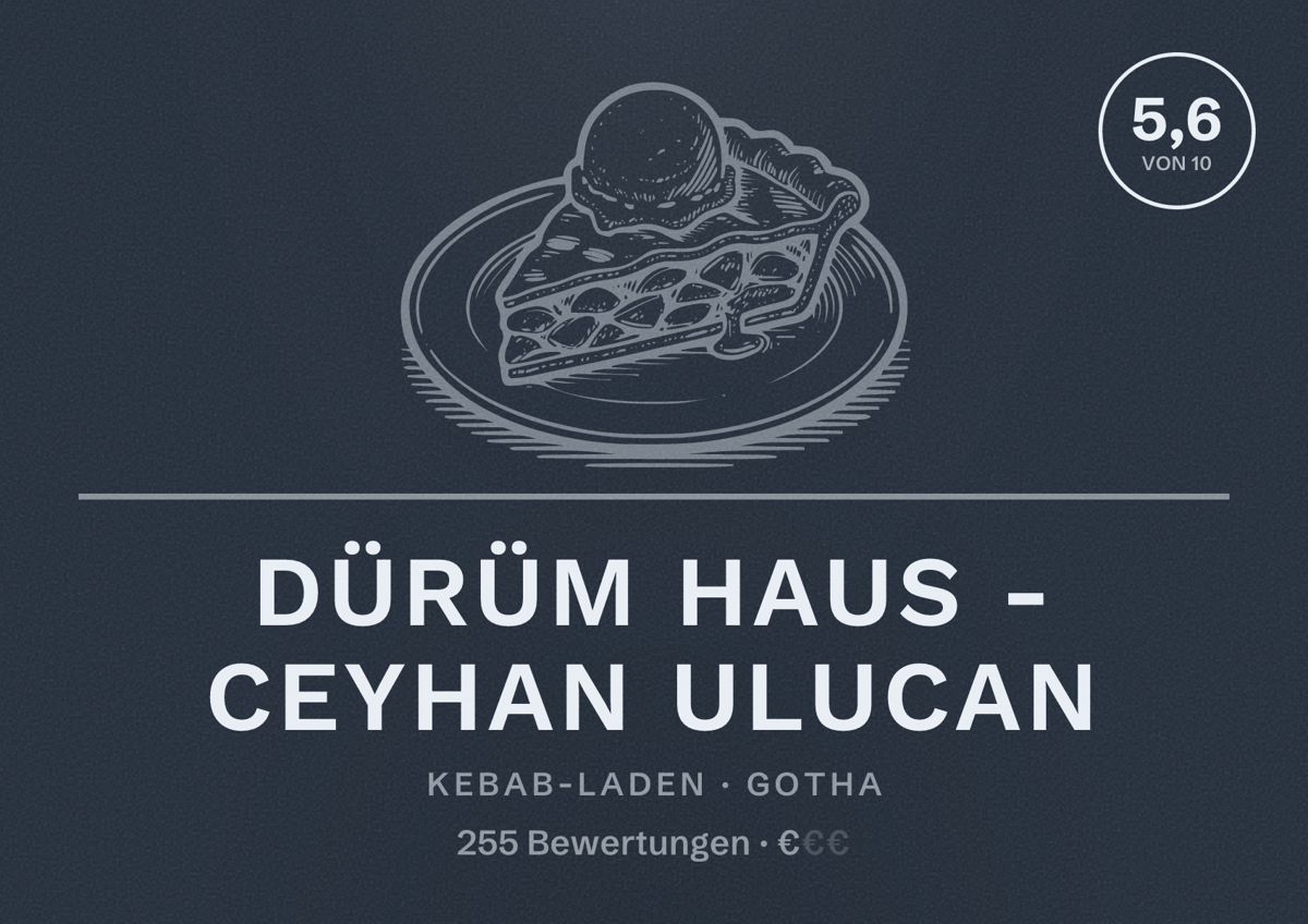 Illustriertes Poster von Dürüm Haus - Ceyhan Ulucan, Kebab-Laden in Gotha: Bewertung 5,6 von 10 aus 255 Bewertungen, Preisniveau €
