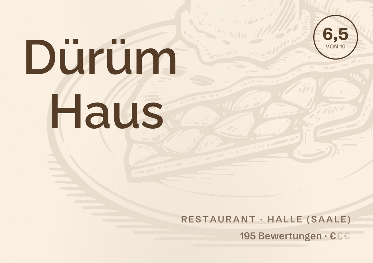 Illustriertes Poster von Dürüm Haus, Restaurant in Halle (Saale): Bewertung 6,5 von 10 aus 195 Bewertungen, Preisniveau €